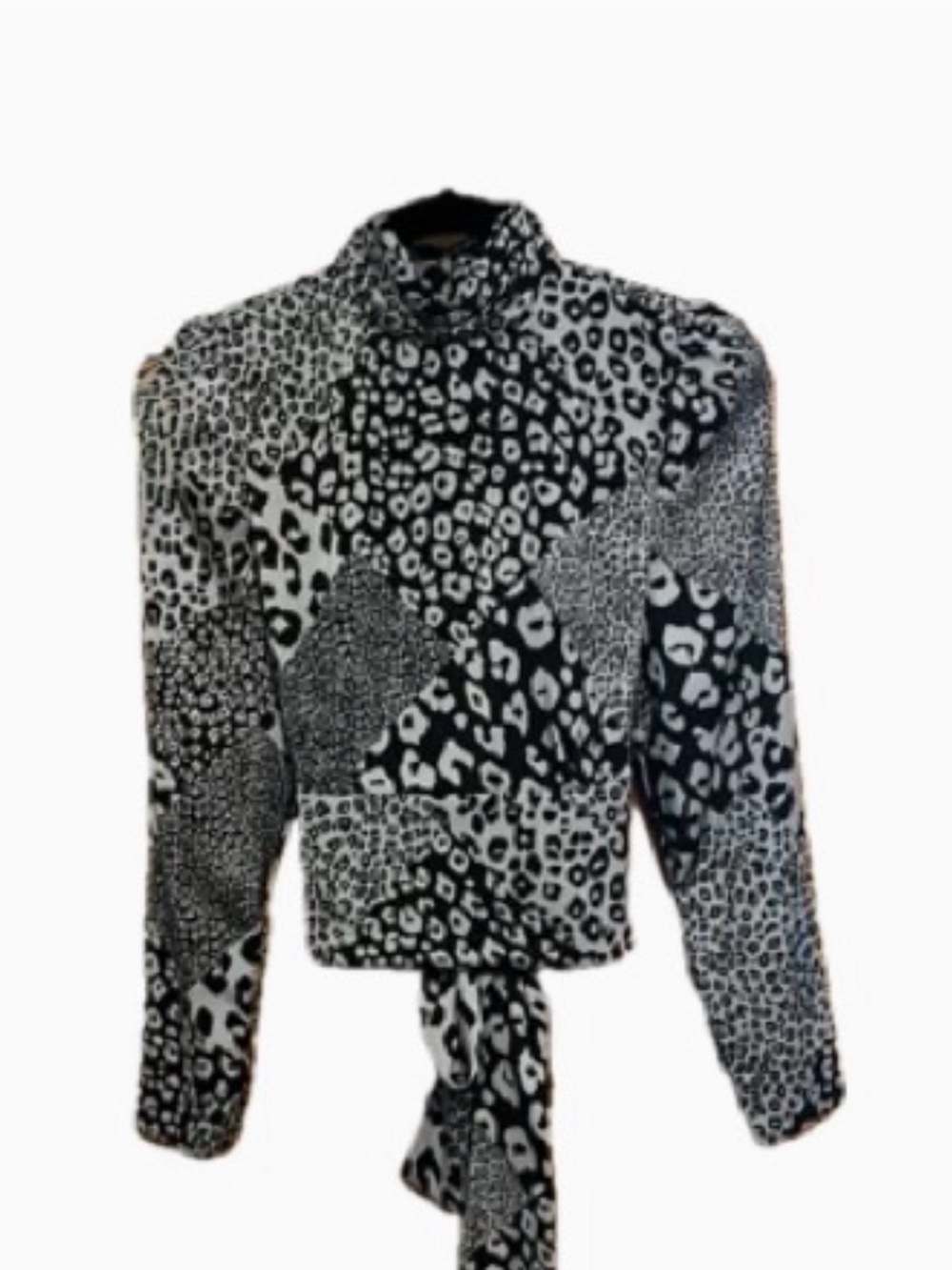 Elan Cut Out Tie Waist Blouse in slate blue and black leopard print